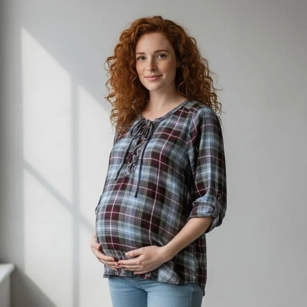 Motherhood Burgundy & Blue Plaid Lace Up V Neck Blouse Long Sleeve size XL